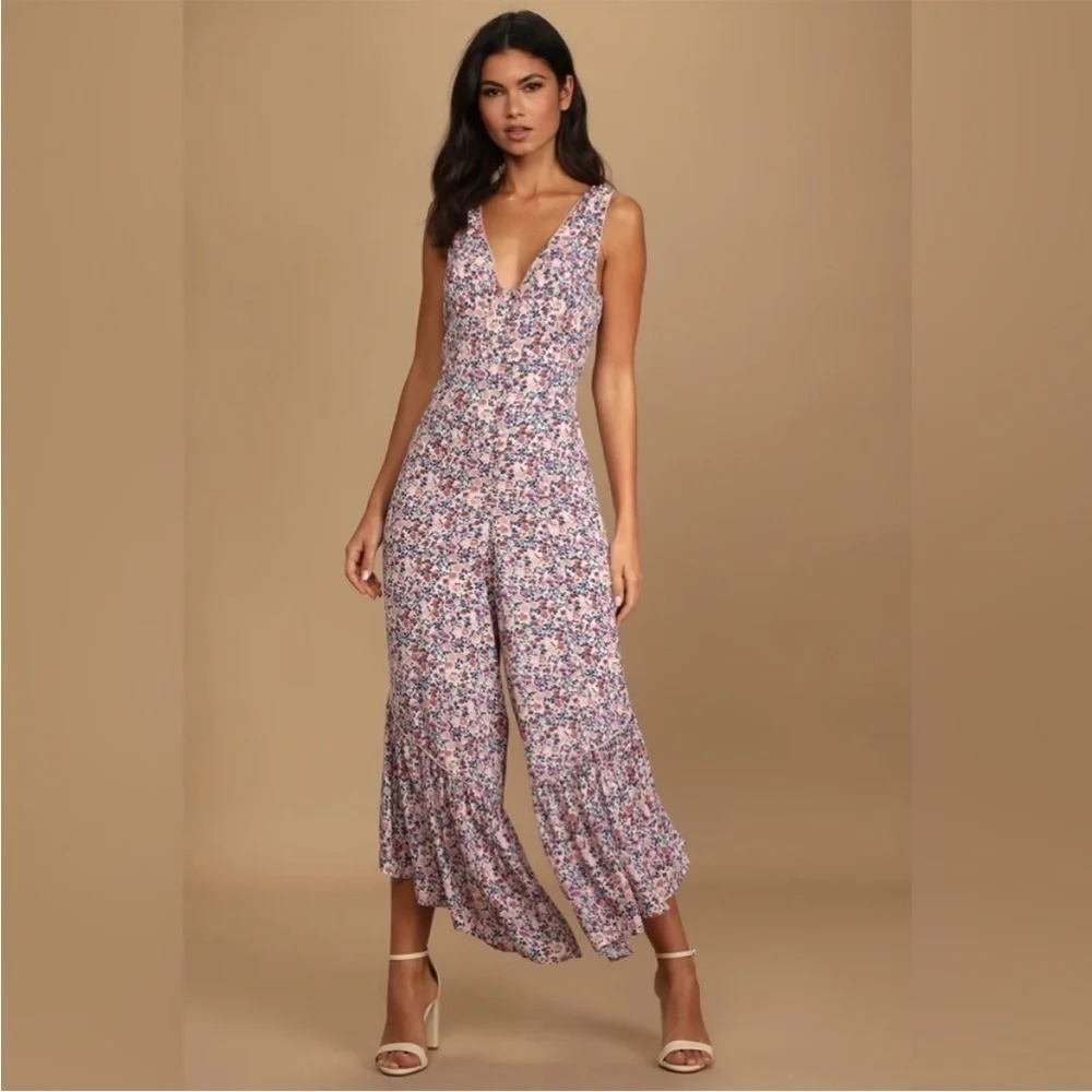 Lulu’s Make it Beautiful Cream Floral Print Ruffled Open Tie-Back Jumpsuit